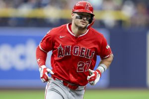 May 30, 2026; St. Petersburg, Florida, USA; Los Angeles Angels center fielder Mike Trout (27) runs the bases after hitting a home run against the Tampa Bay Rays in the fifth inning at Tropicana Field.