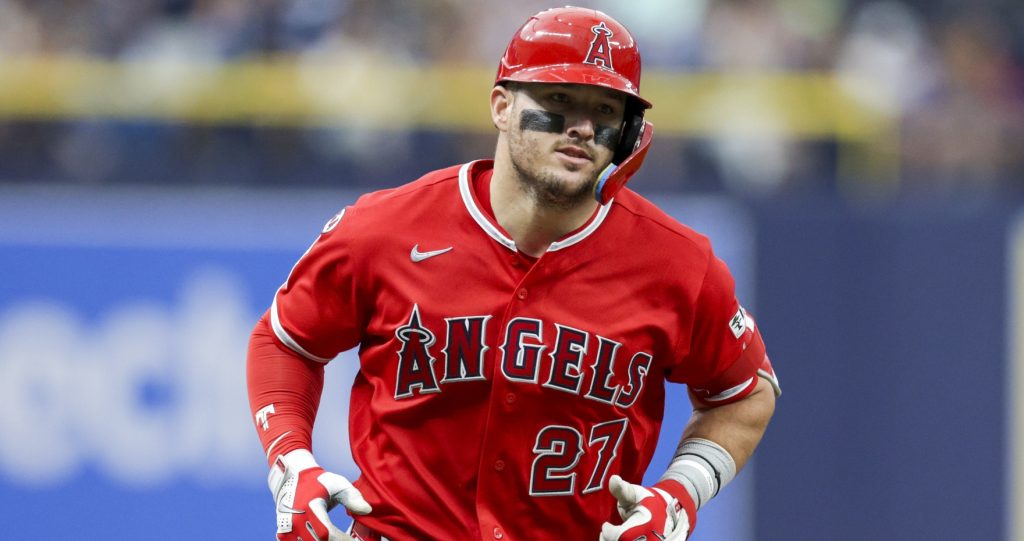 May 30, 2026; St. Petersburg, Florida, USA; Los Angeles Angels center fielder Mike Trout (27) runs the bases after hitting a home run against the Tampa Bay Rays in the fifth inning at Tropicana Field.