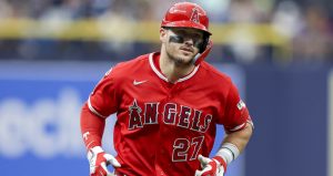 May 30, 2026; St. Petersburg, Florida, USA; Los Angeles Angels center fielder Mike Trout (27) runs the bases after hitting a home run against the Tampa Bay Rays in the fifth inning at Tropicana Field.