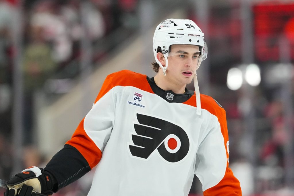 May 4, 2026; Raleigh, North Carolina, USA; Philadelphia Flyers right wing Porter Martone (94) during the warmups before the game against the Carolina Hurricanes in game two of the second round of the 2026 Stanley Cup Playoffs at Lenovo Center.