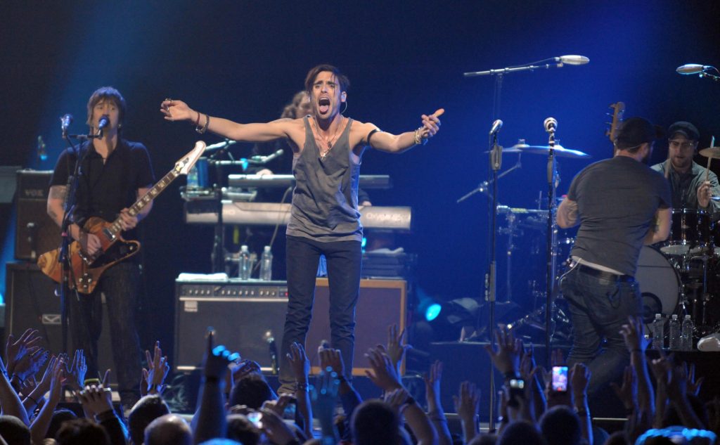 Feb 2, 2012; Indianapolis, IN, USA; All American Rejects recording artist Tyson Ritter during the Super Bowl XLVI fan jam concert at the Indiana State Fair Grounds.