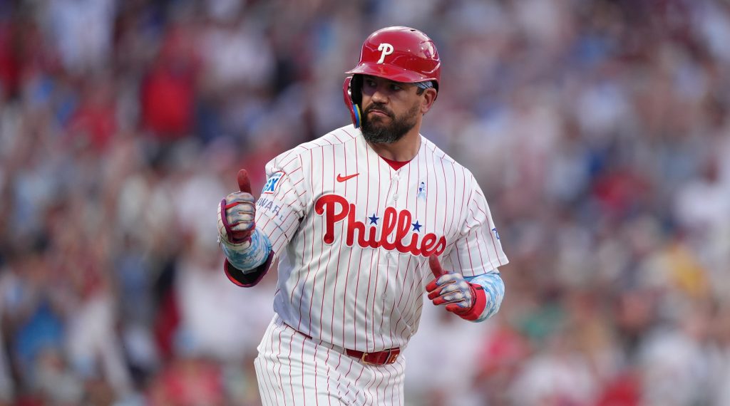 Jun 21, 2026; Philadelphia, Pennsylvania, USA; Philadelphia Phillies designated hitter Kyle Schwarber (12) reacts after hitting a three-run home run against the New York Mets in the second inning at Citizens Bank Park.