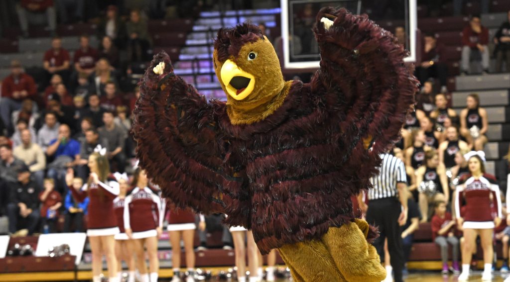 Dec 29, 2015; Philadelphia, PA, USA; Saint Joseph's Hawks mascot runs onto the court during a timeout against the Maryland-Eastern Shore Hawks during the first half at Michael J. Hagan Arena.