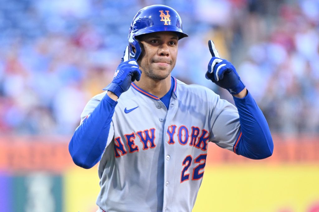 Jun 18, 2026; Philadelphia, Pennsylvania, USA; New York Mets left fielder Juan Soto (22) celebrates his home run during the first inning against the Philadelphia Phillies at Citizens Bank Park.