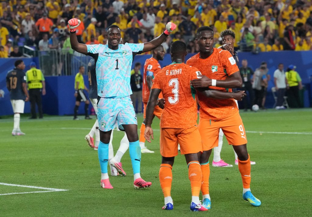 June 14, 2026; Philadelphia, Pennsylvania, U.S.; Ivory Coast's Yahia Fofana celebrates with Ange Bonny and Ghislain Konan after the match.