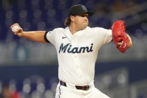 Jun 11, 2026; Miami, Florida, USA; Miami Marlins pitcher Tyler Phillips (30) throws in the first inning against the Arizona Diamondbacks at loanDepot Park.