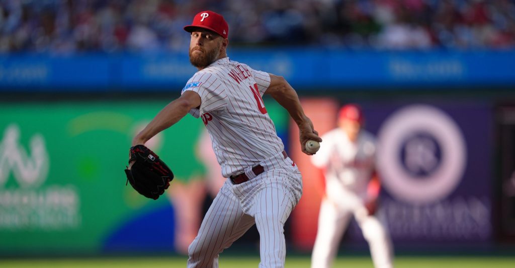 Jun 15, 2026; Philadelphia, Pennsylvania, USA; Philadelphia Phillies starting pitcher Zack Wheeler (45) throws a pitch against the Miami Marlins in the first inning at Citizens Bank Park.