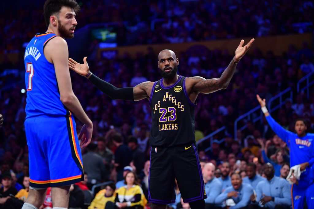 May 11, 2026; Los Angeles, California, USA; Los Angeles Lakers forward LeBron James (23) reacts after he is fouled during the first half in game four of the second round of the 2026 NBA Playoffs at Crypto.com Arena.