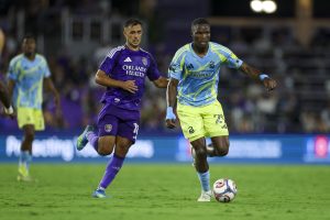 May 13, 2026; Orlando, Florida, USA; Philadelphia Union defender Olwethu Makhanya (29) controls the ball from Orlando City SC midfielder Martin Ojeda (10) in the second half at Inter&Co Stadium.