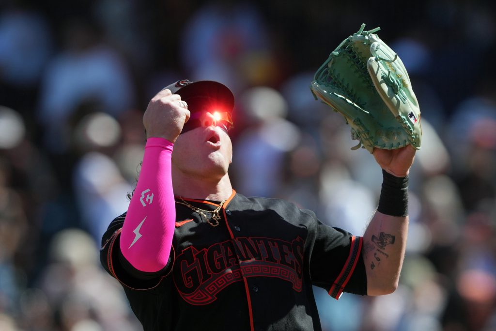 May 23, 2026; San Francisco, California, USA; San Francisco Giants center fielder Harrison Bader (9) celebrates after defeating the Chicago White Sox at Oracle Park.