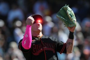 May 23, 2026; San Francisco, California, USA; San Francisco Giants center fielder Harrison Bader (9) celebrates after defeating the Chicago White Sox at Oracle Park.