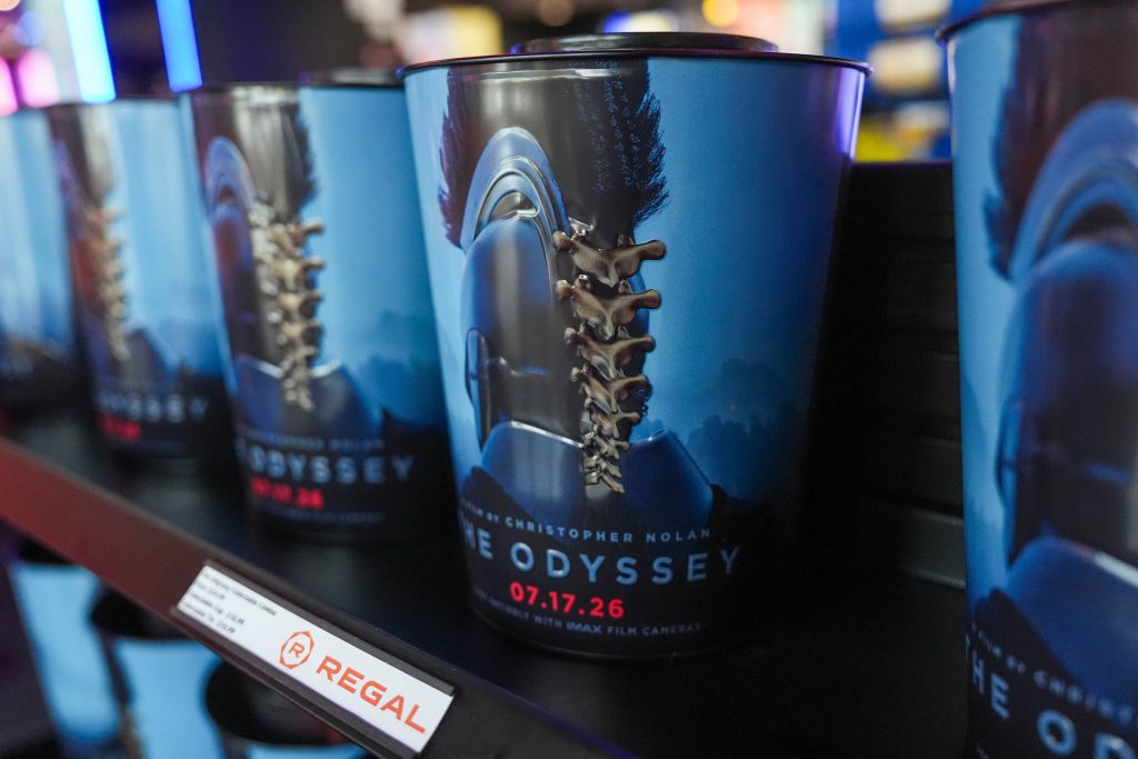 The Odyssey popcorn buckets for sale nside the Regal Pinnacle movie theatre in Knoxville, Tenn., on July 21, 2026.