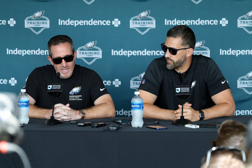 Jul 29, 2026; Philadelphia, PA, USA; Philadelphia Eagles general manager Howie Roseman (L) and head coach Nick Sirianni (R) speak with the media at Jefferson Health Training Complex.