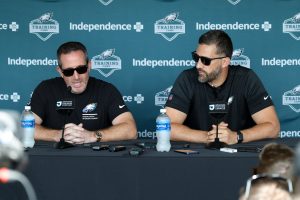 Jul 29, 2026; Philadelphia, PA, USA; Philadelphia Eagles general manager Howie Roseman (L) and head coach Nick Sirianni (R) speak with the media at Jefferson Health Training Complex.