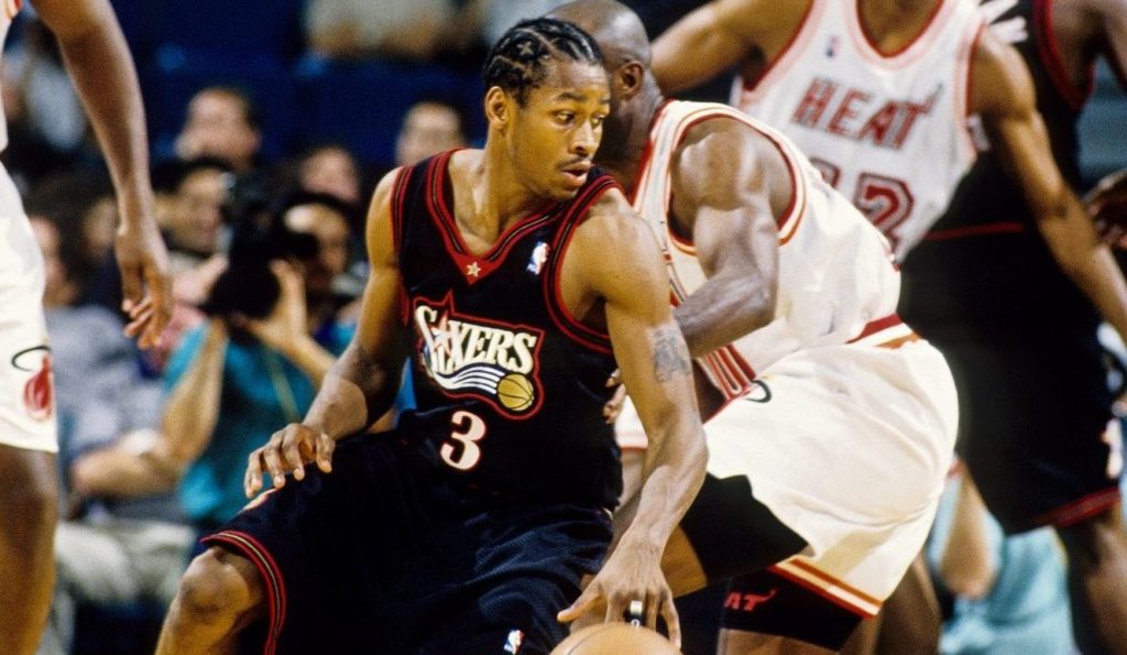 Unknown date, 1997; Miami, FL; USA; FILE PHOTO; Philadelphia 76ers guard Allen Iverson (3) in action against the Miami Heat at the Miami Arena.