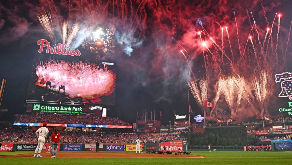 Jul 14, 2026; Philadelphia, Pennsylvania, USA; Fireworks go off over the stadium at the bottom of the fourth inning at the All-Star Game at Citizens Bank Park.