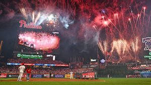 Jul 14, 2026; Philadelphia, Pennsylvania, USA; Fireworks go off over the stadium at the bottom of the fourth inning at the All-Star Game at Citizens Bank Park.