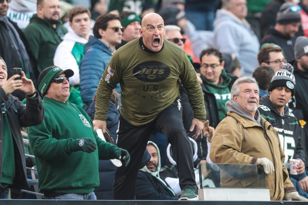Dec 22, 2019; East Rutherford, New Jersey, USA; New York Jets fan Fireman Ed cheers during the second half of the game between the New York Jets and the Pittsburgh Steelers at MetLife Stadium.
