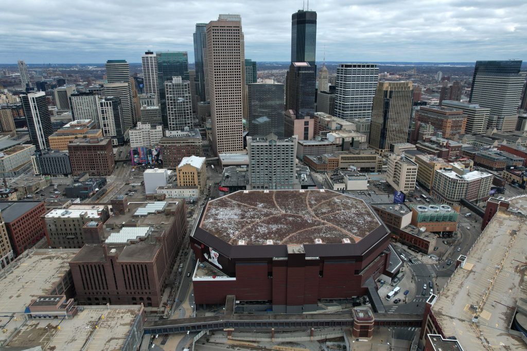 Mar 31, 2022; Minneapolis, MN, USA; A general overall view of the Target Center, the site of the 2022 NCAA Women's Final Four, and the downtown skyline.