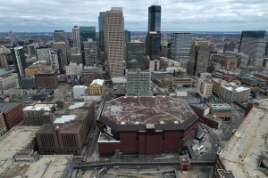 Mar 31, 2022; Minneapolis, MN, USA; A general overall view of the Target Center, the site of the 2022 NCAA Women's Final Four, and the downtown skyline.