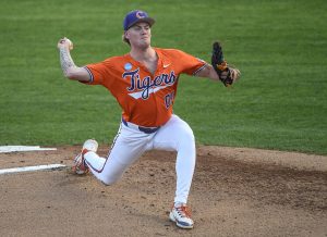 Clemson pitcher Drew Titsworth (00) pitches to University of South Carolina Upstate during the top of the first inning at the NCAA baseball Clemson Regional at Doug Kingsmore Stadium in Clemson, S.C. Friday, May 30, 2025.