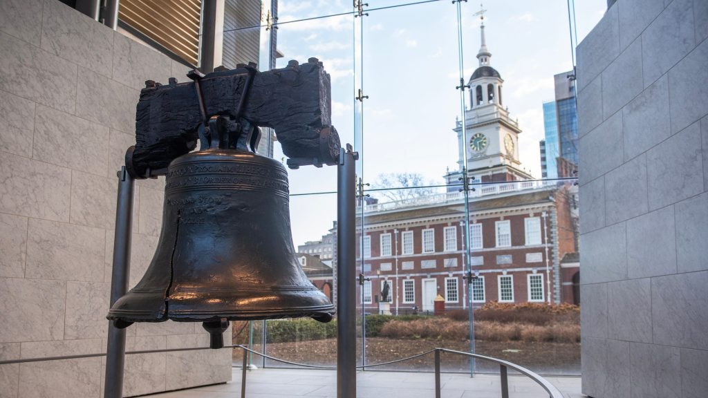 Visitors gather around the Liberty Bell, located inside the Liberty Bell Center, in Philadelphia, PA, on January 7, 2026.