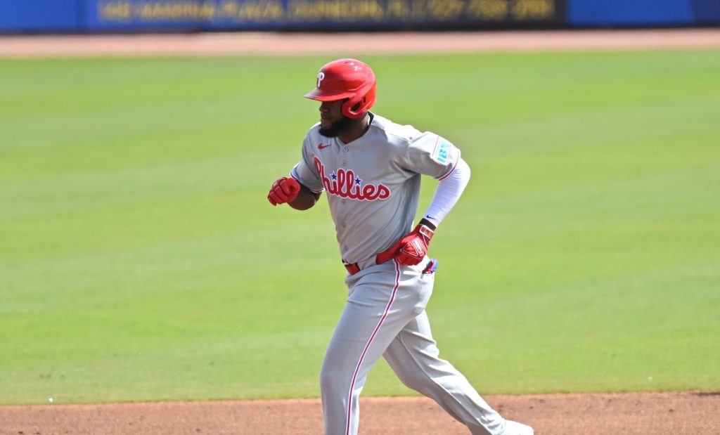 Feb 28, 2026; Dunedin, Florida, USA; Philadelphia Phillies right fielder Bryan De La Cruz (41) rounds the bases after hitting a solo home run in the second inning against the Toronto Blue Jays during spring training at TD Ballpark.