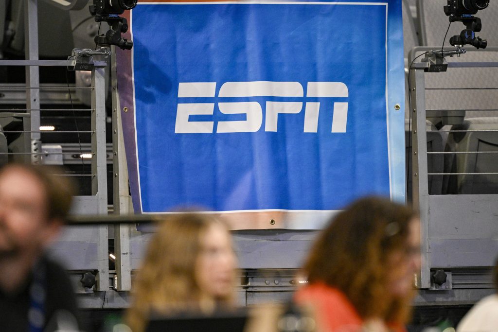 Apr 16, 2026; Fort Worth, TX, USA; A view of the ESPN logo before the semifinals for the 2026 NCAA Women’s Gymnastics National Championships at Dickies Arena.