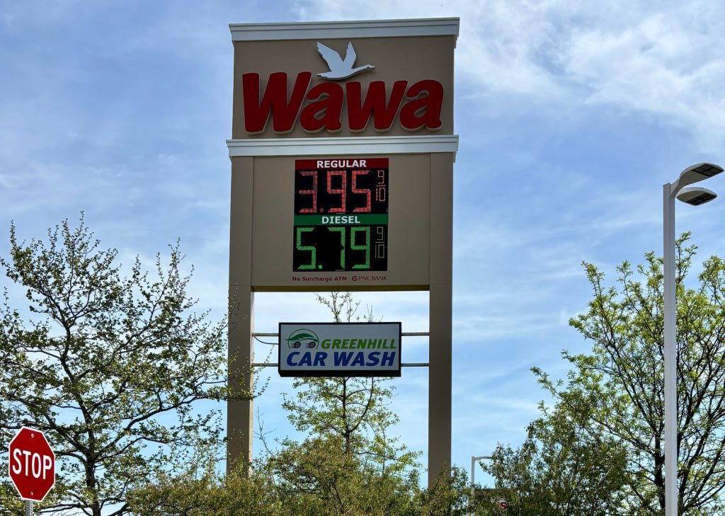Gas prices at the Wawa on Route 202 in Talleyville on April 16, 2026.
