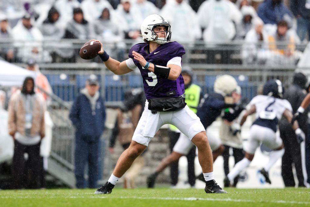 Apr 25, 2026; University Park, PA, USA; Penn State Nittany Lions quarterback Rocco Becht (3) throws a pass during the Penn State Blue-White Spring game at Beaver Stadium.
