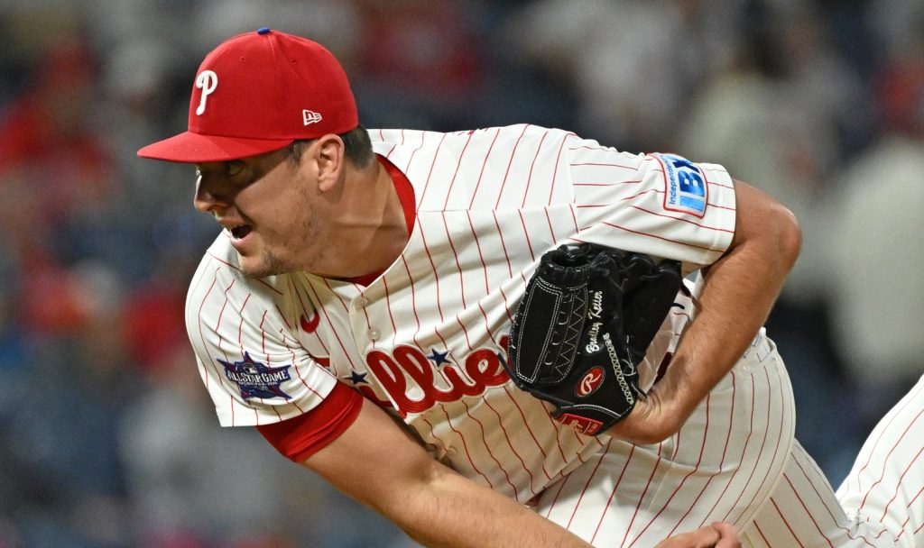 May 6, 2026; Philadelphia, Pennsylvania, USA; Philadelphia Phillies pitcher Brad Keller (40) follows through on a pitch against the Athletics during the ninth inning at Citizens Bank Park.