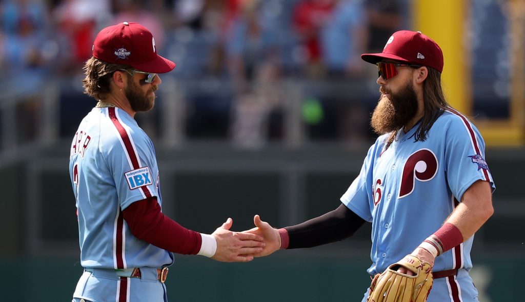 Jun 4, 2026; Philadelphia, Pennsylvania, USA; Philadelphia Phillies first baseman Bryce Harper (3) and left fielder Brandon Marsh (16) shake hands after a victory against the San Diego Padres at Citizens Bank Park.