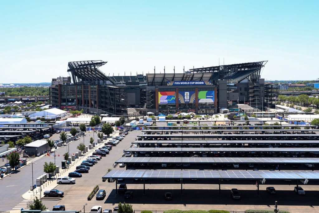 Jun 4, 2026; Philadelphia, Pennsylvania, USA; A general view of from Citizens Bank Park of Lincoln Financial field with 2026 FIFA World Cup signage.
