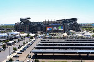 Jun 4, 2026; Philadelphia, Pennsylvania, USA; A general view of from Citizens Bank Park of Lincoln Financial field with 2026 FIFA World Cup signage.