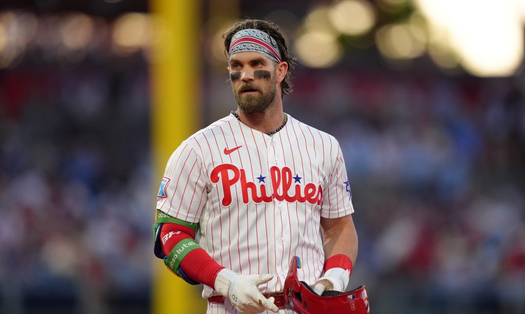 Jun 15, 2026; Philadelphia, Pennsylvania, USA; Philadelphia Phillies infielder Bryce Harper (3) reacts after flying out against the Miami Marlins in the fourth inning at Citizens Bank Park.
