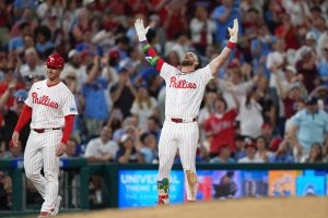 Jun 20, 2026; Philadelphia, Pennsylvania, USA; Philadelphia Phillies infielder Bryce Harper (3) reacts after hitting an RBI triple against the New York Mets in the fifth inning at Citizens Bank Park..