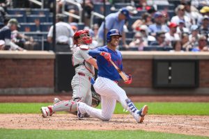Jun 28, 2026; New York City, New York, USA; New York Mets left fielder Juan Soto (22) reacts during an at bat against the Philadelphia Phillies during the fifth inning at Citi Field.