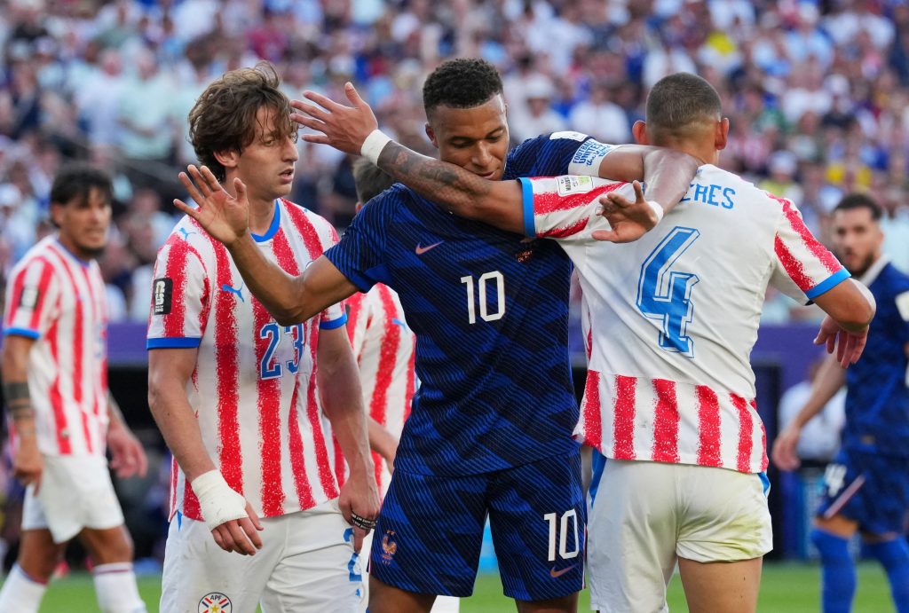July 4, 2026; Philadelphia, Pennsylvania, U.S.; France's Kylian Mbappe reacts with Paraguay's Juan Jose Caceres.