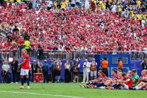 Jul 5, 2026; East Rutherford, New Jersey, USA; Norway forward Erling Haaland (9) leads a viking row celebration for fans and teammates after defeating Brazil a Round of 16 match of the 2026 FIFA World Cup at New York New Jersey Stadium.