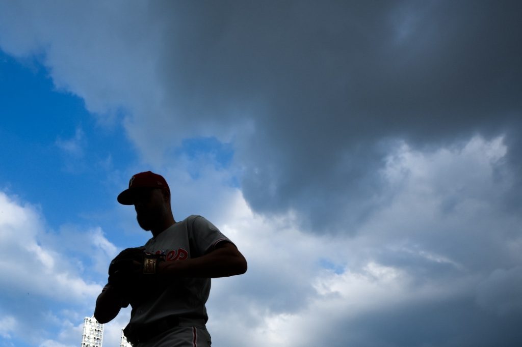 Jul 7, 2026; Cincinnati, Ohio, USA; Philadelphia Phillies pitcher Zack Wheeler walks to the dugout between innings against the Cincinnati Reds at Great American Ball Park.