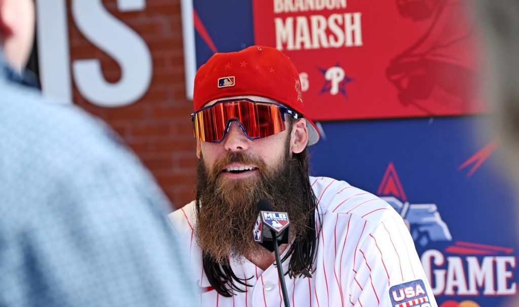 Jul 13, 2026; Philadelphia, PA, USA; Philadelphia Phillies Brandon Marsh (16) speaks before the home run derby at Citizens Bank Park.
