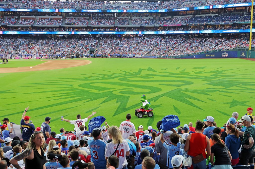 Jul 13, 2026; Philadelphia, PA, USA; The Phillie Phanatic reacts with fans before the home run derby at Citizens Bank Park.