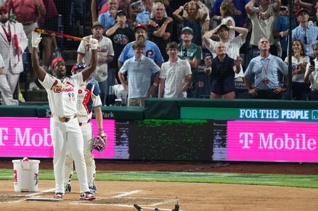 Jul 13, 2026; Philadelphia, PA, USA; St. Louis Cardinals right fielder Jordan Walker (18) reacts after winning the All Star-Home Run Derby at Citizens Bank Park.