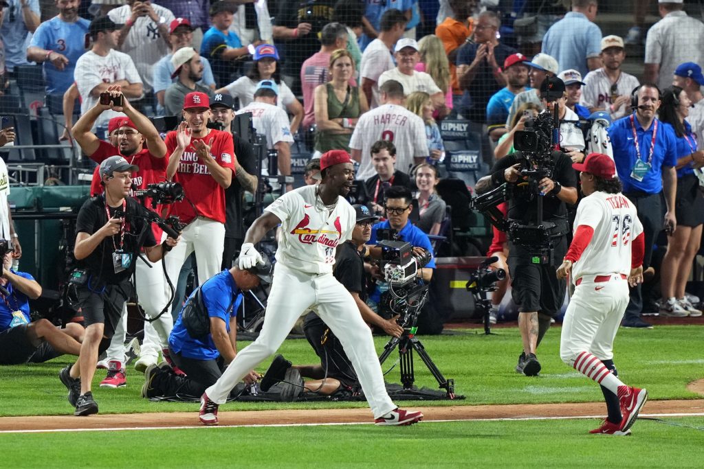 Jul 13, 2026; Philadelphia, PA, USA; St. Louis Cardinals right fielder Jordan Walker (18) reacts after winning the All Star-Home Run Derby at Citizens Bank Park.