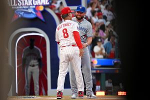 Jul 14, 2026; Philadelphia, Pennsylvania, USA; Philadelphia Phillies manager Don Mattingly and Toronto Blue Jays manager John Schneider embrace before the All-Star Game at Citizens Bank Park.