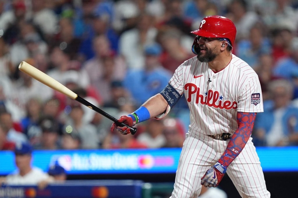 Jul 14, 2026; Philadelphia, Pennsylvania, USA; Philadelphia Phillies designated hitter Kyle Schwarber (12) reacts while batting during the third inning for the All-Star Game at Citizens Bank Park.