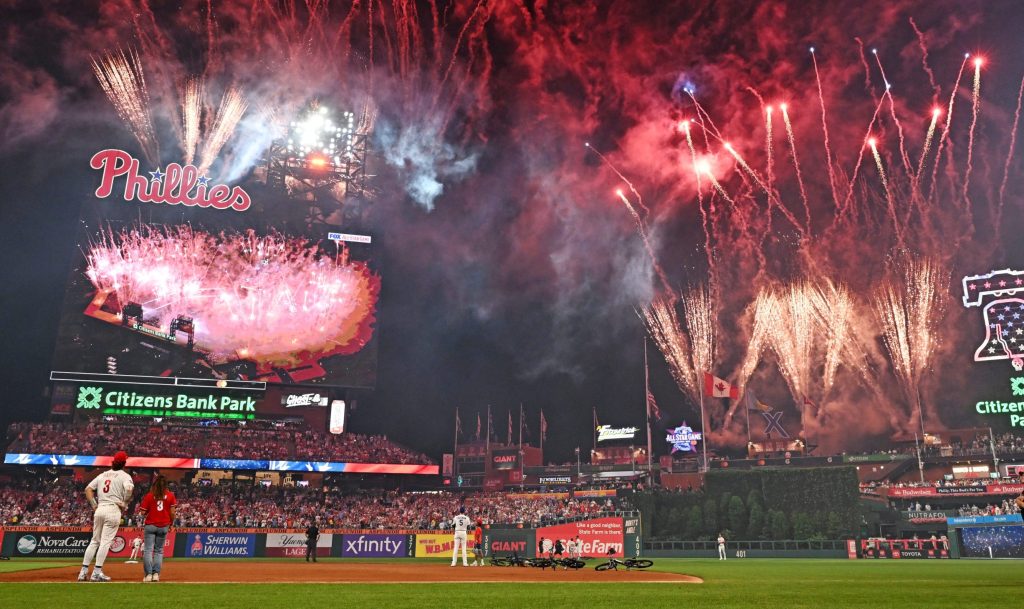 Jul 14, 2026; Philadelphia, Pennsylvania, USA; Fireworks go off over the stadium at the bottom of the fourth inning at the All-Star Game at Citizens Bank Park.