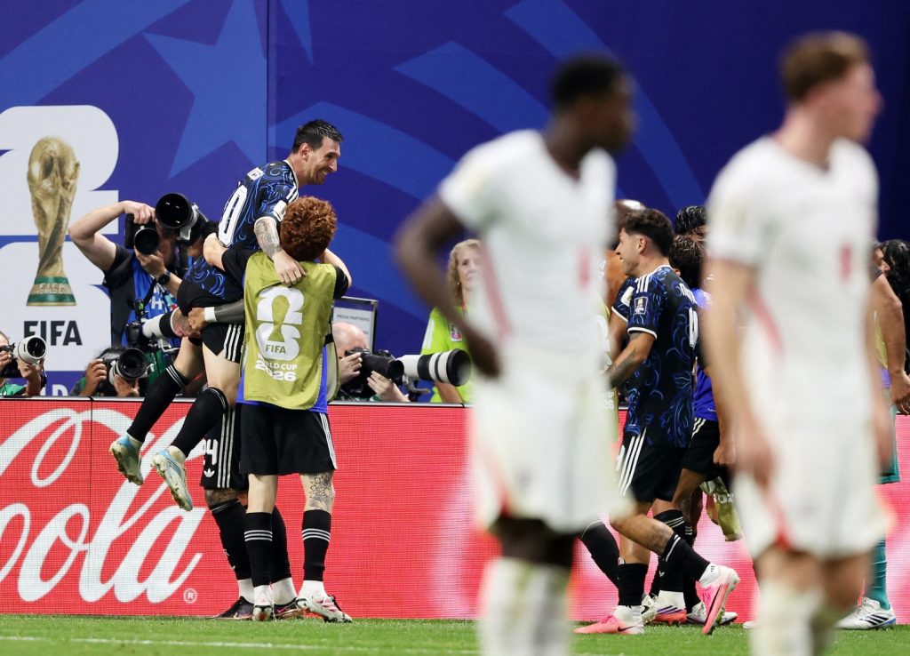July 15, 2026; Atlanta, Georgia, U.S.; Argentina's Lionel Messi celebrates with teammates after Lautaro Martinez scores their second goal.
