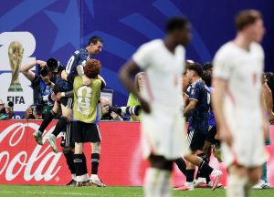 July 15, 2026; Atlanta, Georgia, U.S.; Argentina's Lionel Messi celebrates with teammates after Lautaro Martinez scores their second goal.