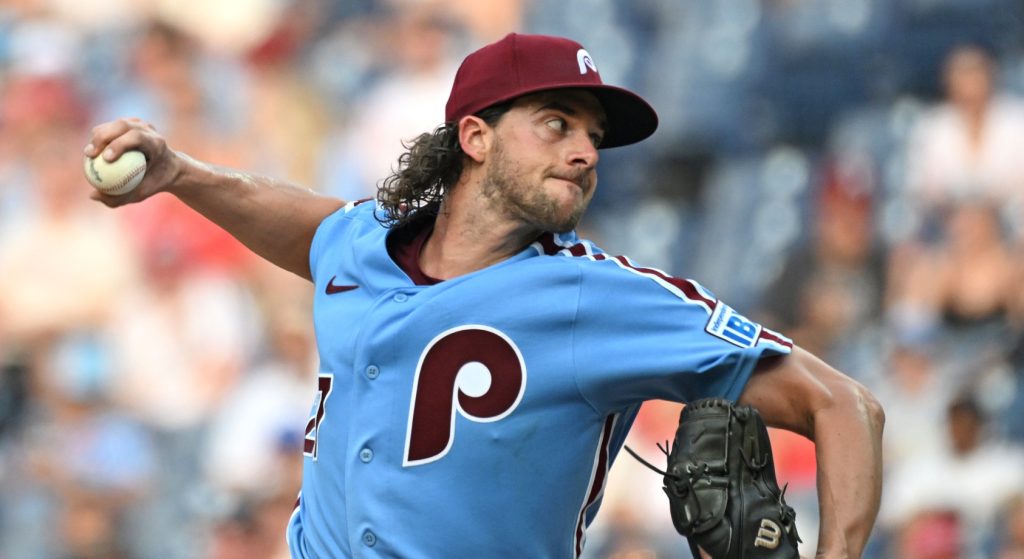 Jul 16, 2026; Philadelphia, Pennsylvania, USA; Philadelphia Phillies pitcher Aaron Nola (27) throws a pitch during the second inning against the New York Mets at Citizens Bank Park.